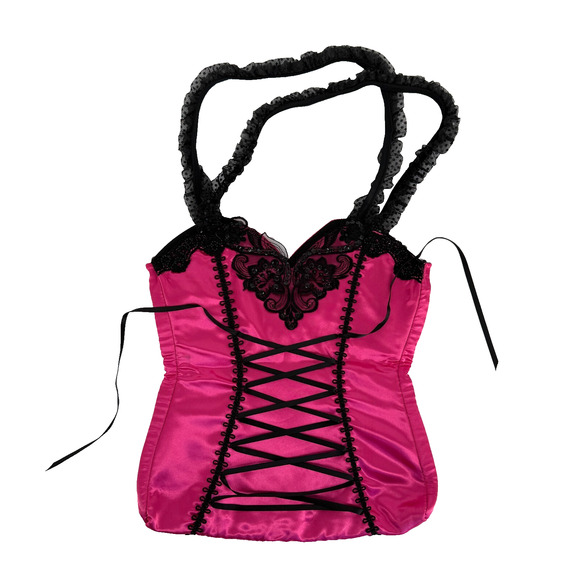 Shirley of Hollywood Handbags - Shirley of Hollywood Corset Purse Pink Black Lace Trim Sequin Satin Novelty Hand